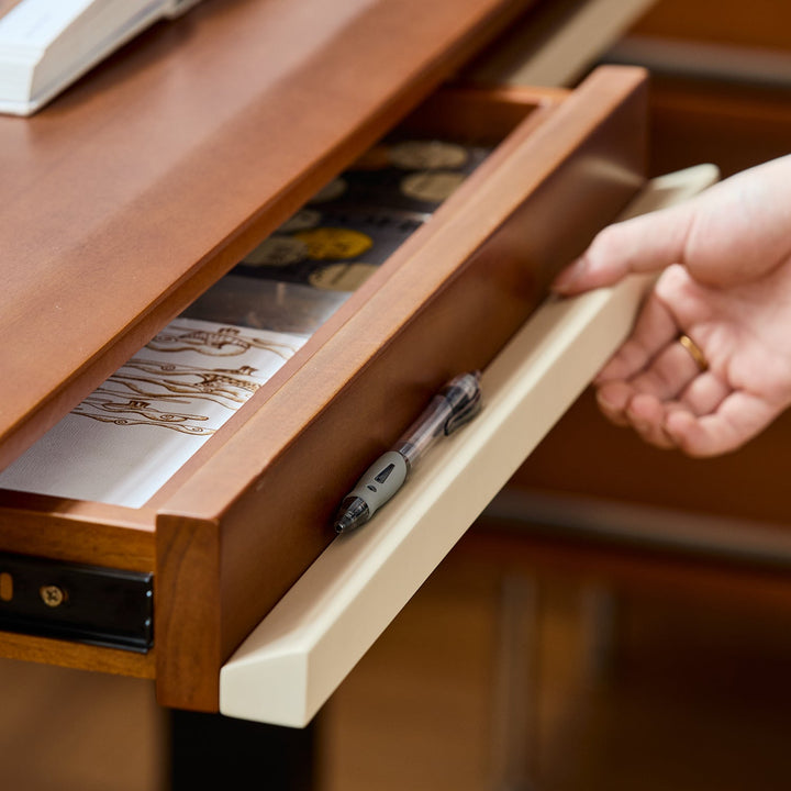 Bauhaus boxwood electric height adjustable lift-up study table elevate in details.