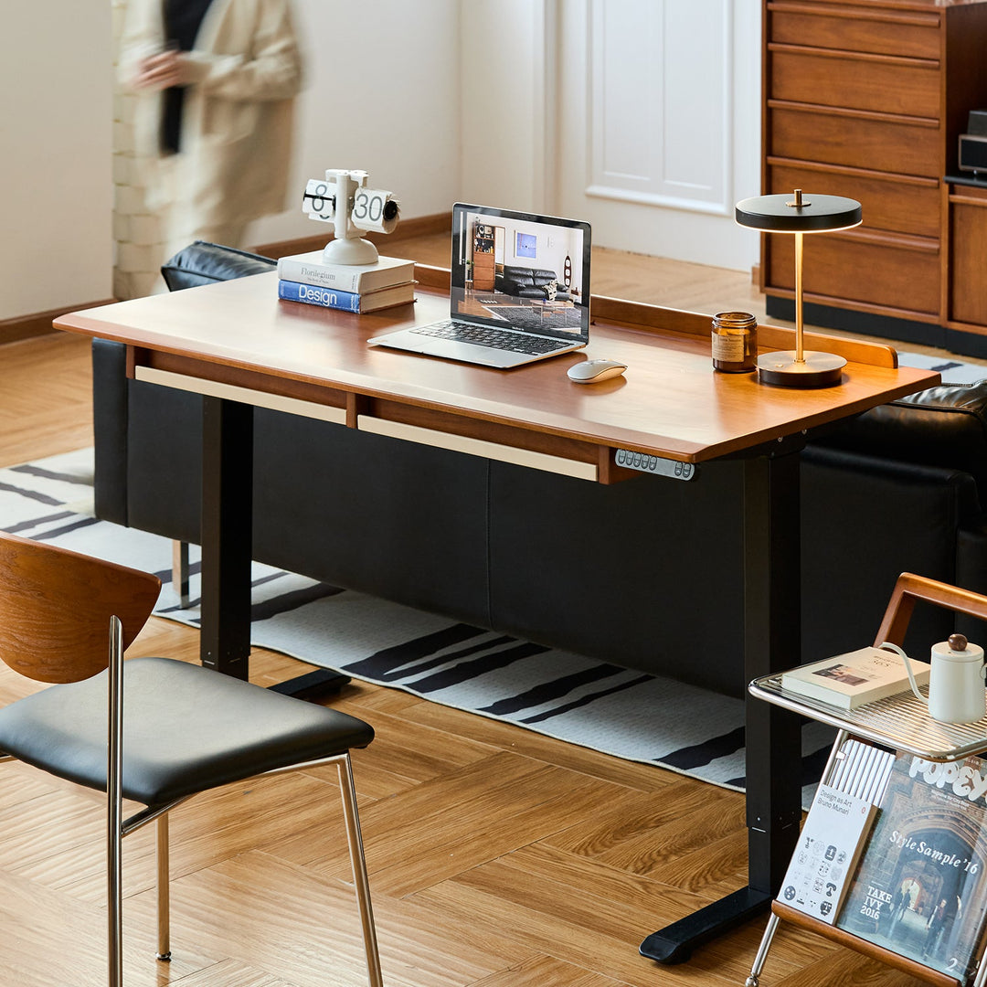 Bauhaus boxwood electric height adjustable lift-up study table elevate in still life.
