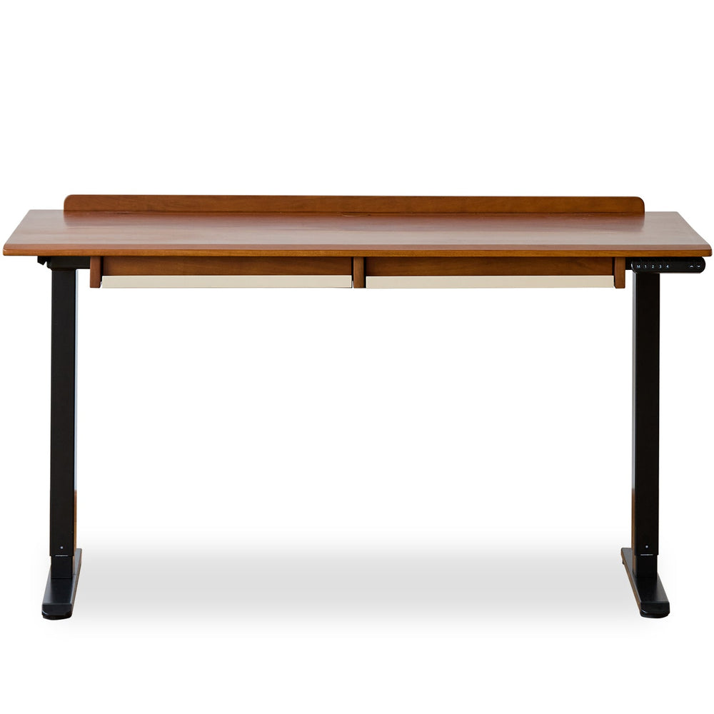 Bauhaus boxwood electric height adjustable lift-up study table elevate in white background.