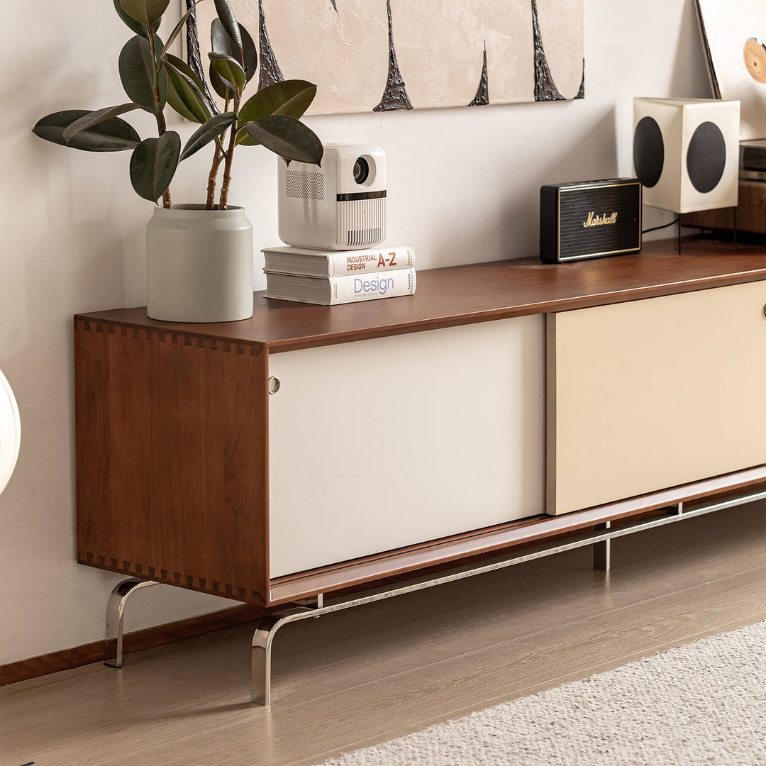 Bauhaus boxwood sliding door tv console moonrise with context.