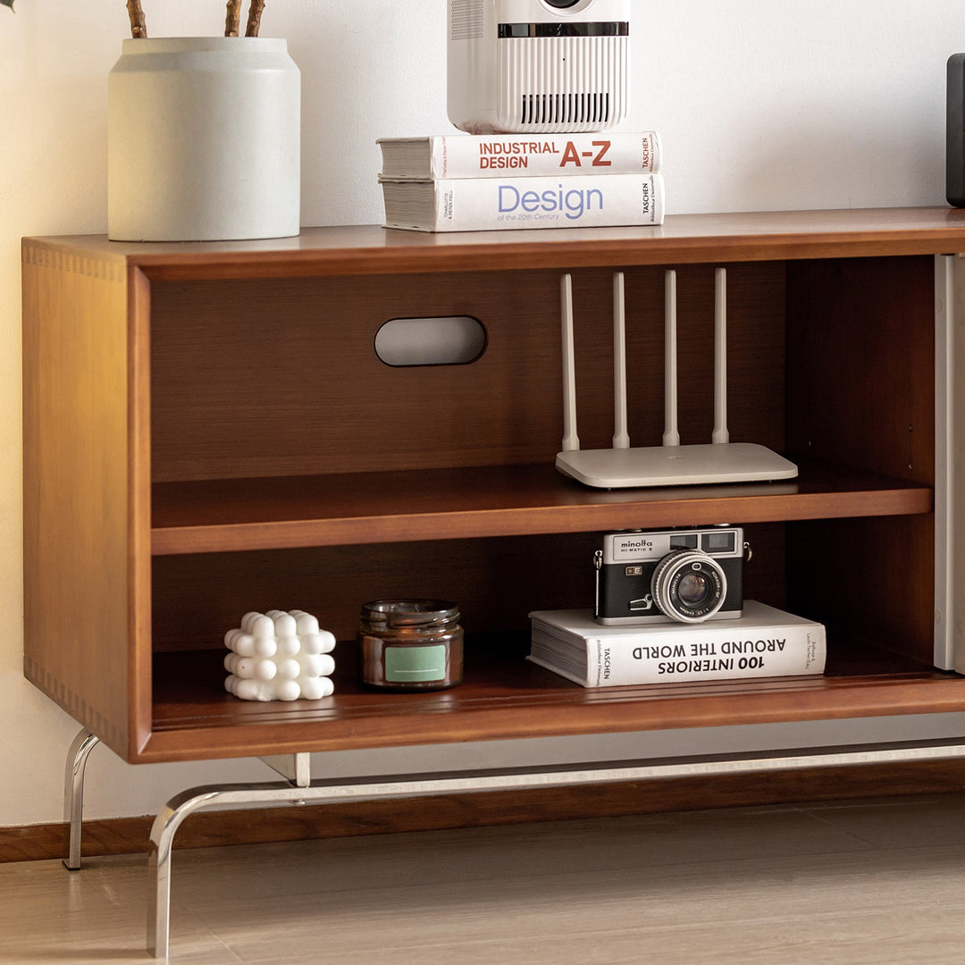 Vintage boxwood sliding door tv console moonrise in close up details.