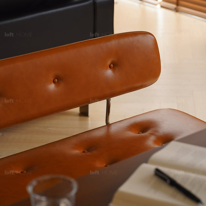 Bauhaus pu leather dining bench with backrest hera in still life.