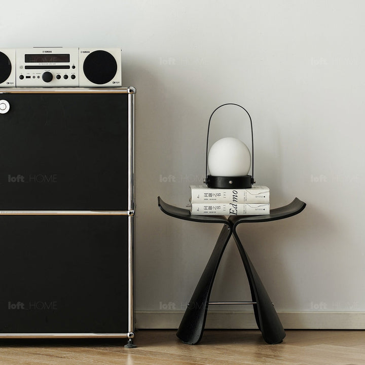 Vintage plywood stool flyer in panoramic view.