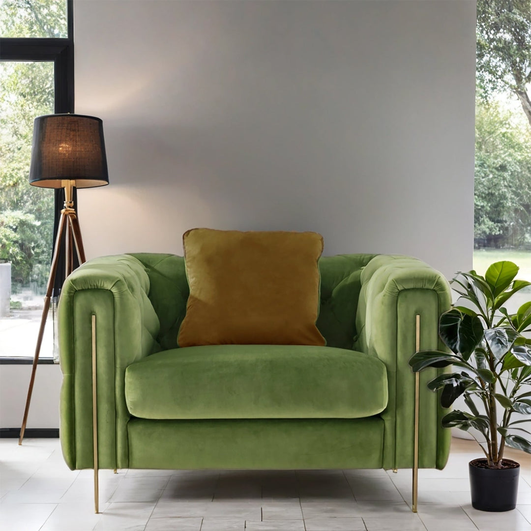 Vintage velvet fabric 1 seater sofa duzzle primary product view.