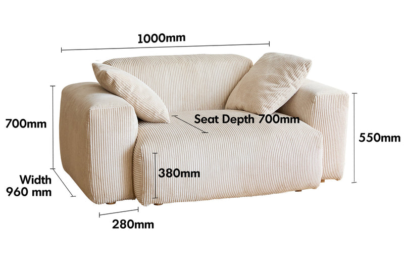 Cream Corduroy Velvet Fabric 1 Seater Sofa SQUARE Size Chart