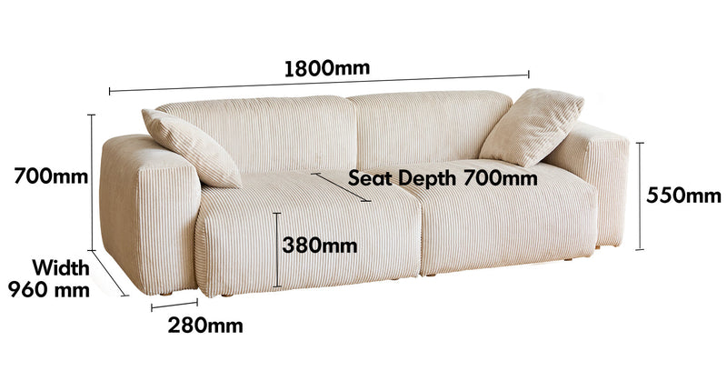 Cream Corduroy Velvet Fabric 2 Seater Sofa SQUARE Size Chart