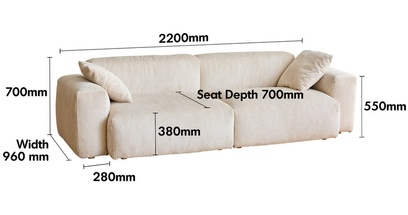 Cream Corduroy Velvet Fabric 3 Seater Sofa SQUARE Size Chart