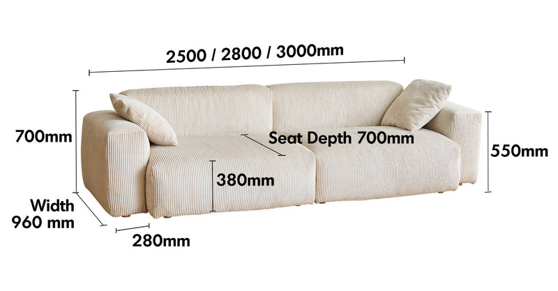 Cream Corduroy Velvet Fabric 4 Seater Sofa SQUARE Size Chart