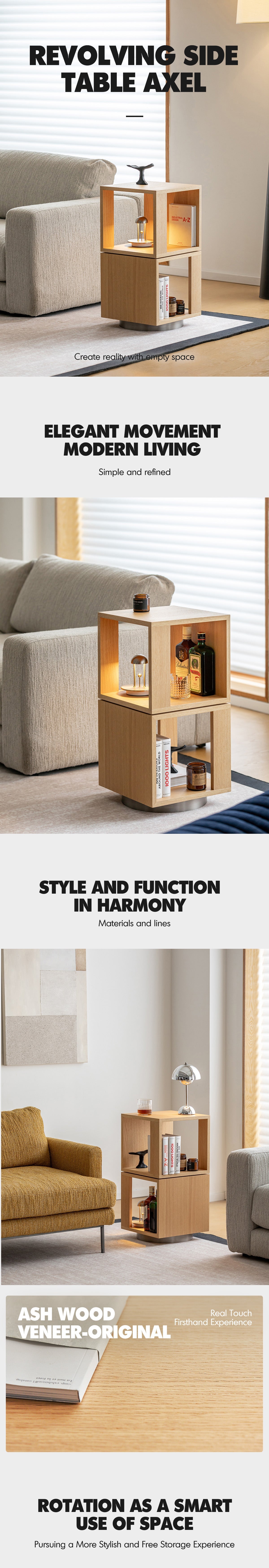 Minimalist Ash Wood Veneer Revolving Side Table AXEL More Details and Instruction