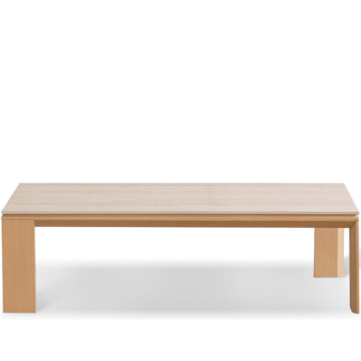 Minimalist ash wood veneer sintered stone coffee table string in white background.