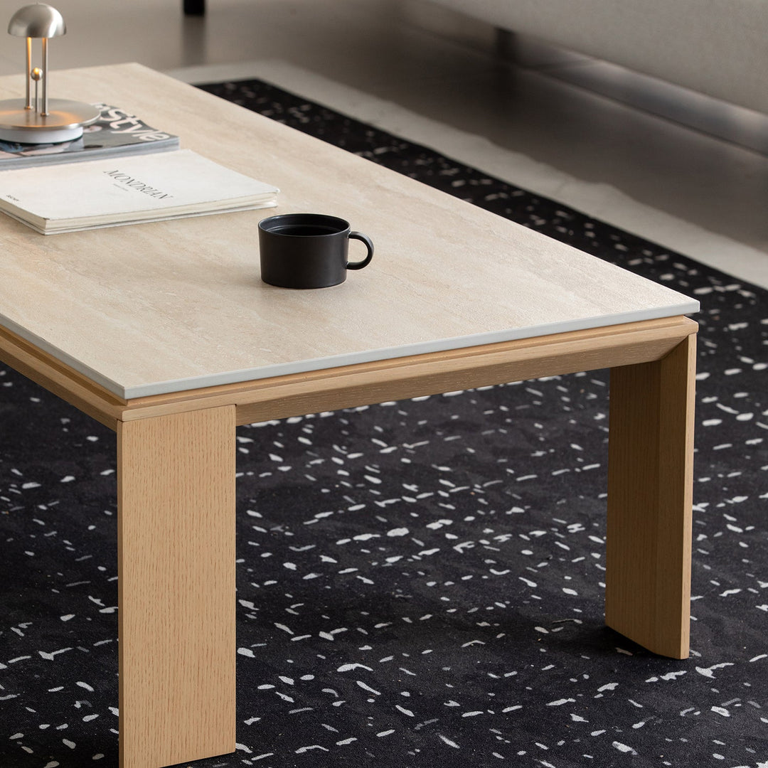 Minimalist ash wood veneer sintered stone coffee table string material variants.