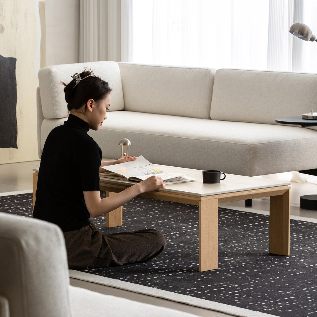 Minimalist ash wood veneer sintered stone coffee table string in real life style.