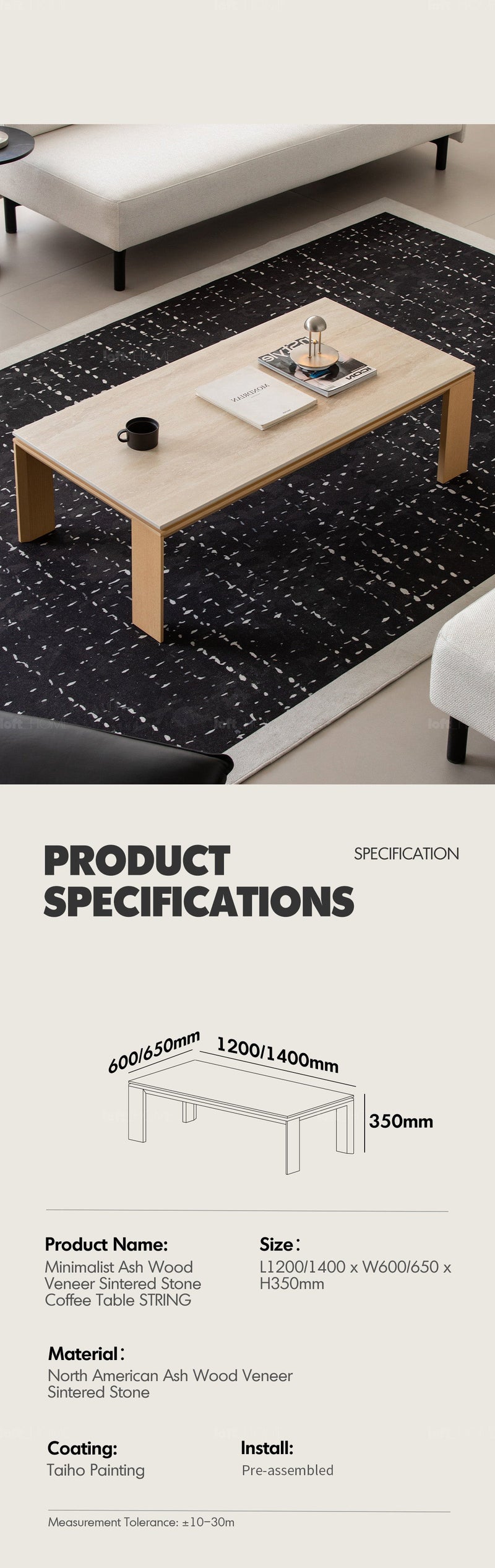 Minimalist Ash Wood Veneer Sintered Stone Coffee Table STRING More Details and Instruction_4