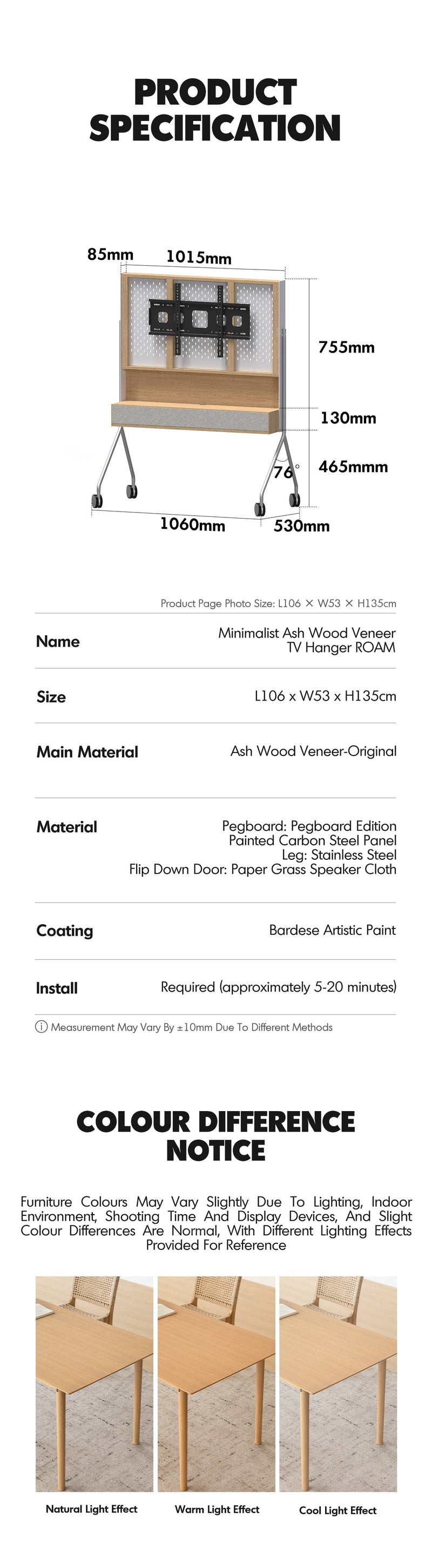 more product details and feature of Minimalist Ash Wood Veneer TV Hanger ROAM