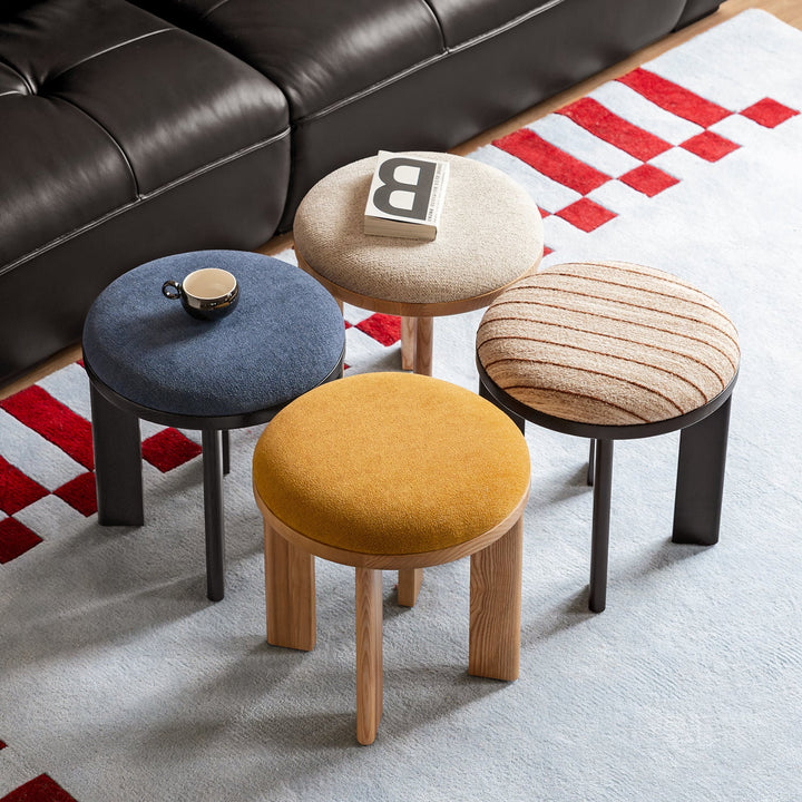 Bauhaus ash wood boucle fabric stool orbit size charts.