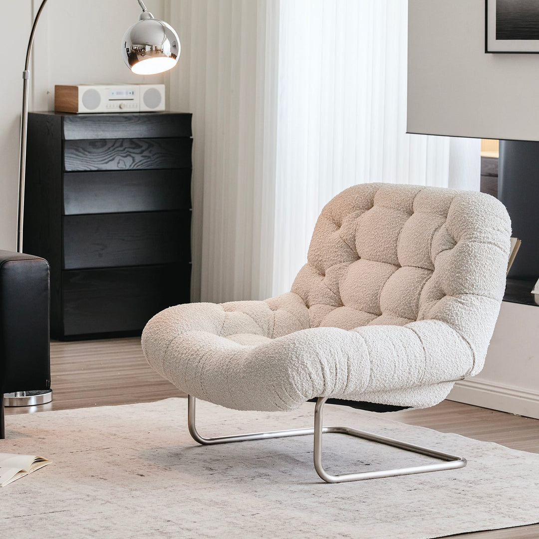 Bauhaus boucle fabric 1 seater sofa emi in close up details.