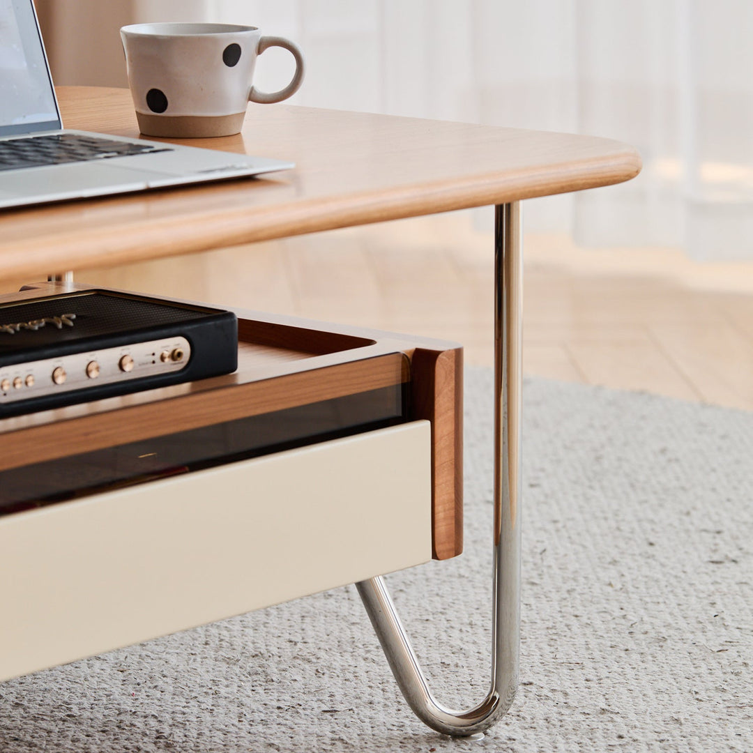 Bauhaus cherry wood coffee table locke in close up details.