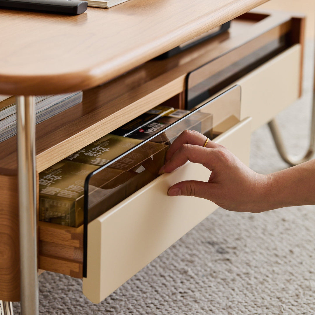 Bauhaus cherry wood coffee table locke in panoramic view.