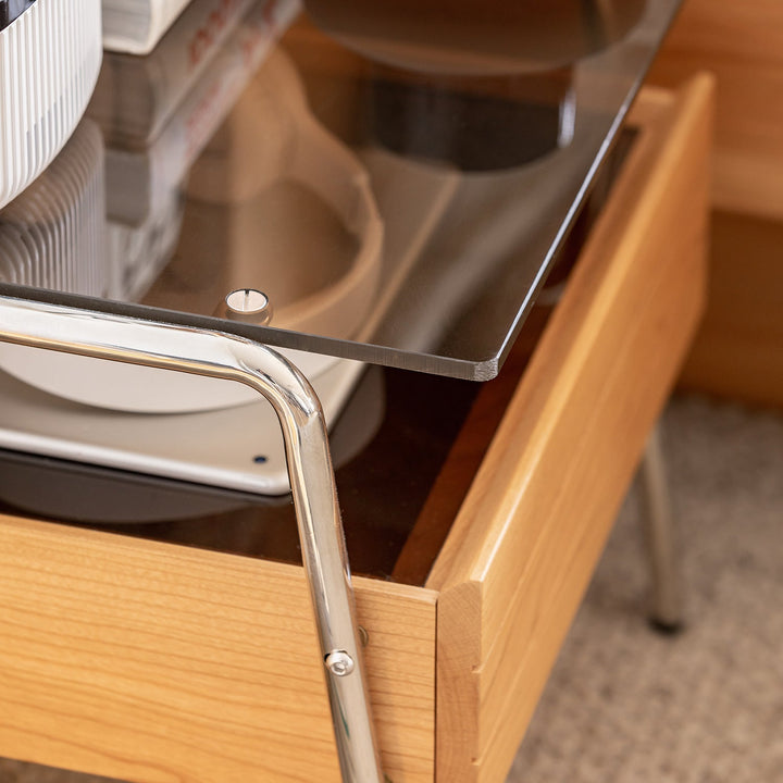 Bauhaus cherry wood side table mirror lake color swatches.