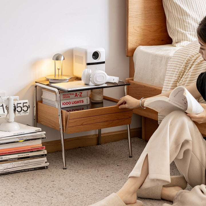 Bauhaus cherry wood side table mirror lake material variants.
