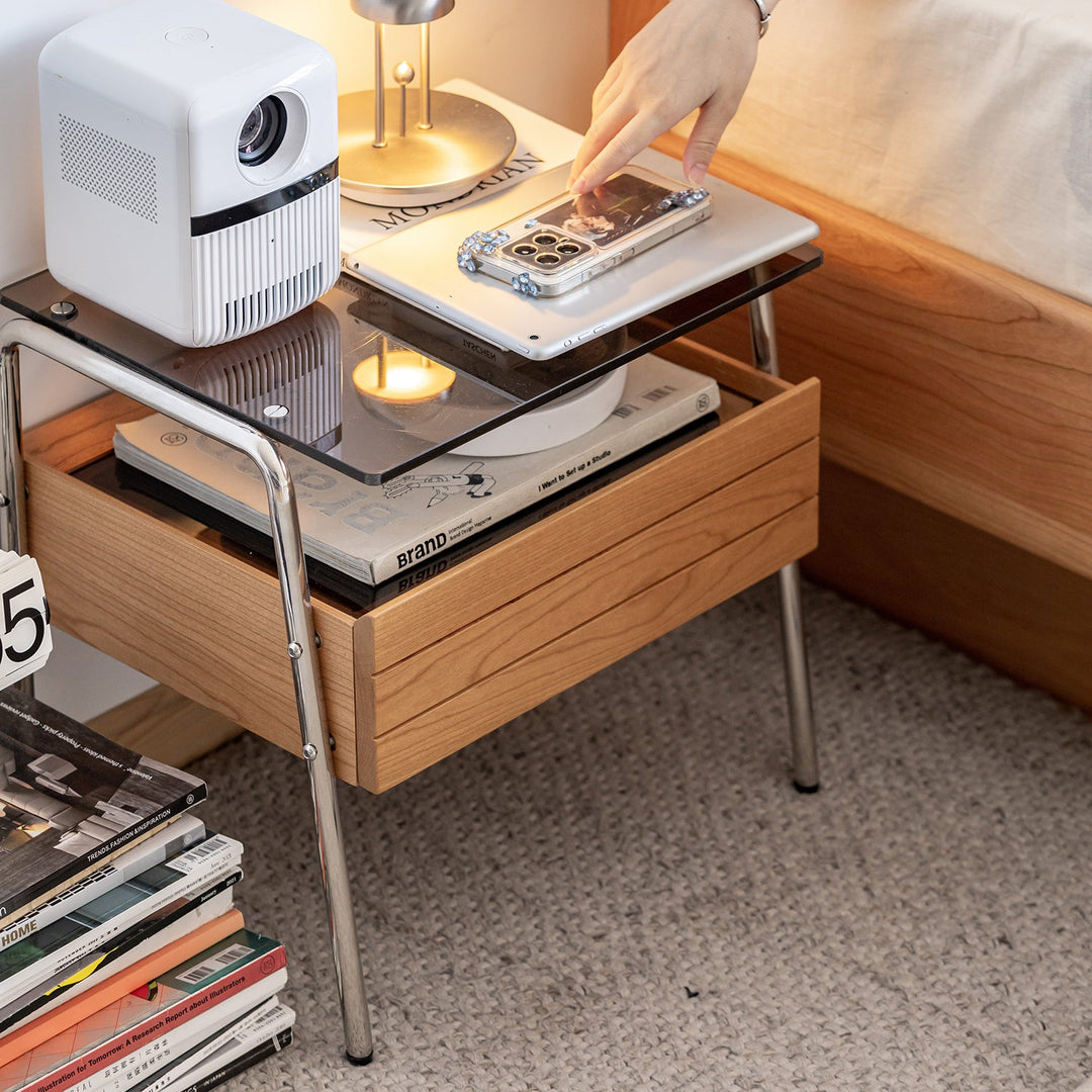 Bauhaus cherry wood side table mirror lake in details.