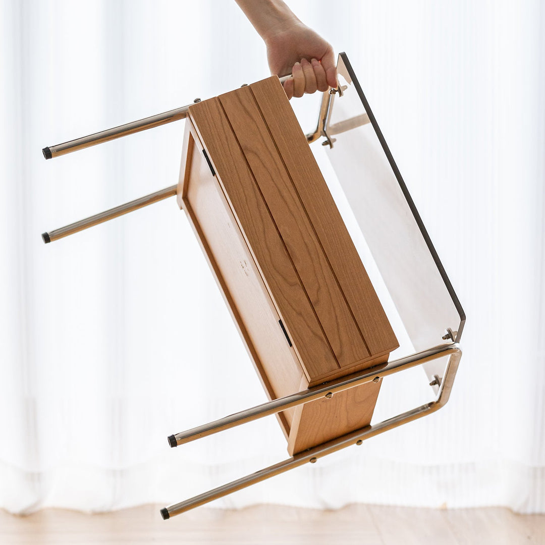 Bauhaus cherry wood side table mirror lake in close up details.
