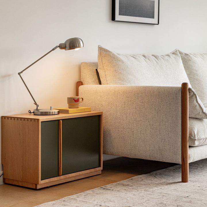 Bauhaus cherry wood tv console time in close up details.