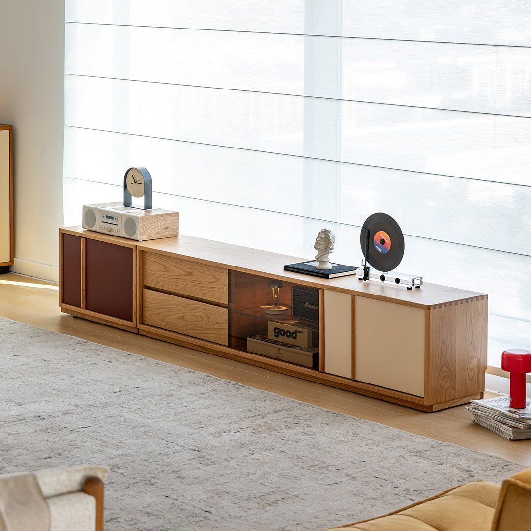 Bauhaus cherry wood tv console time in still life.