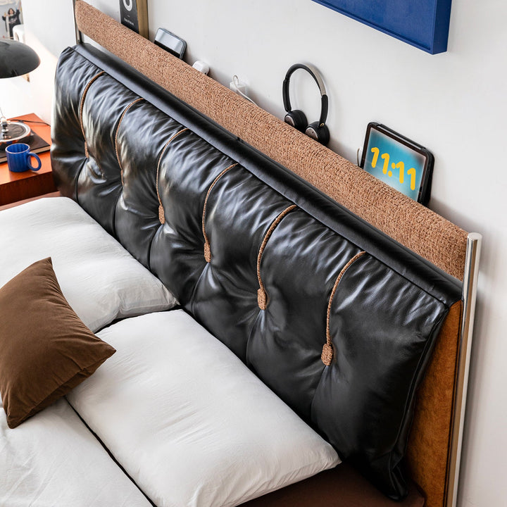 Bauhaus genuine leather bed supple black in panoramic view.