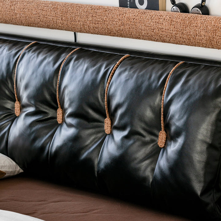 Bauhaus genuine leather bed supple black in close up details.