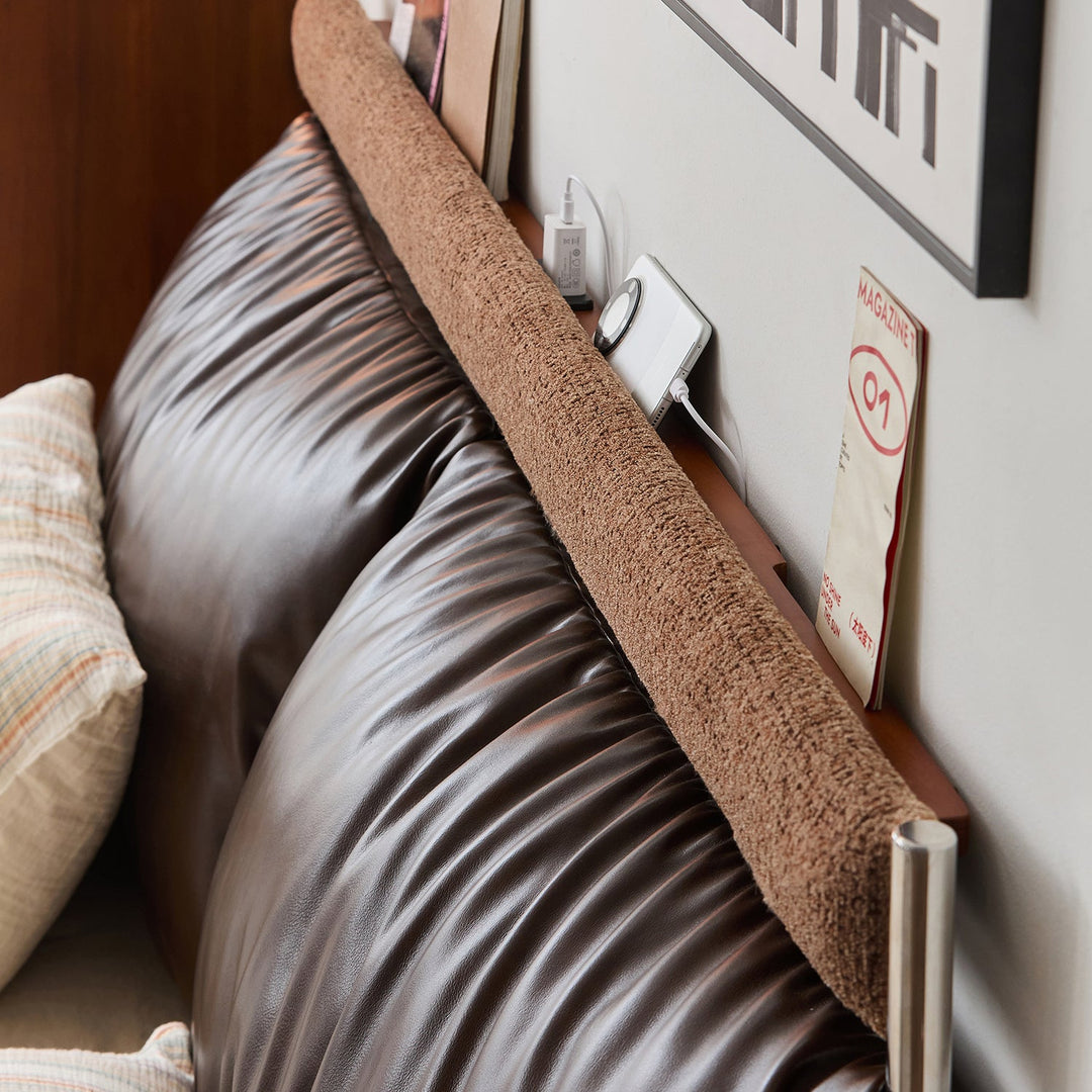 Bauhaus genuine leather bed supple brown in panoramic view.