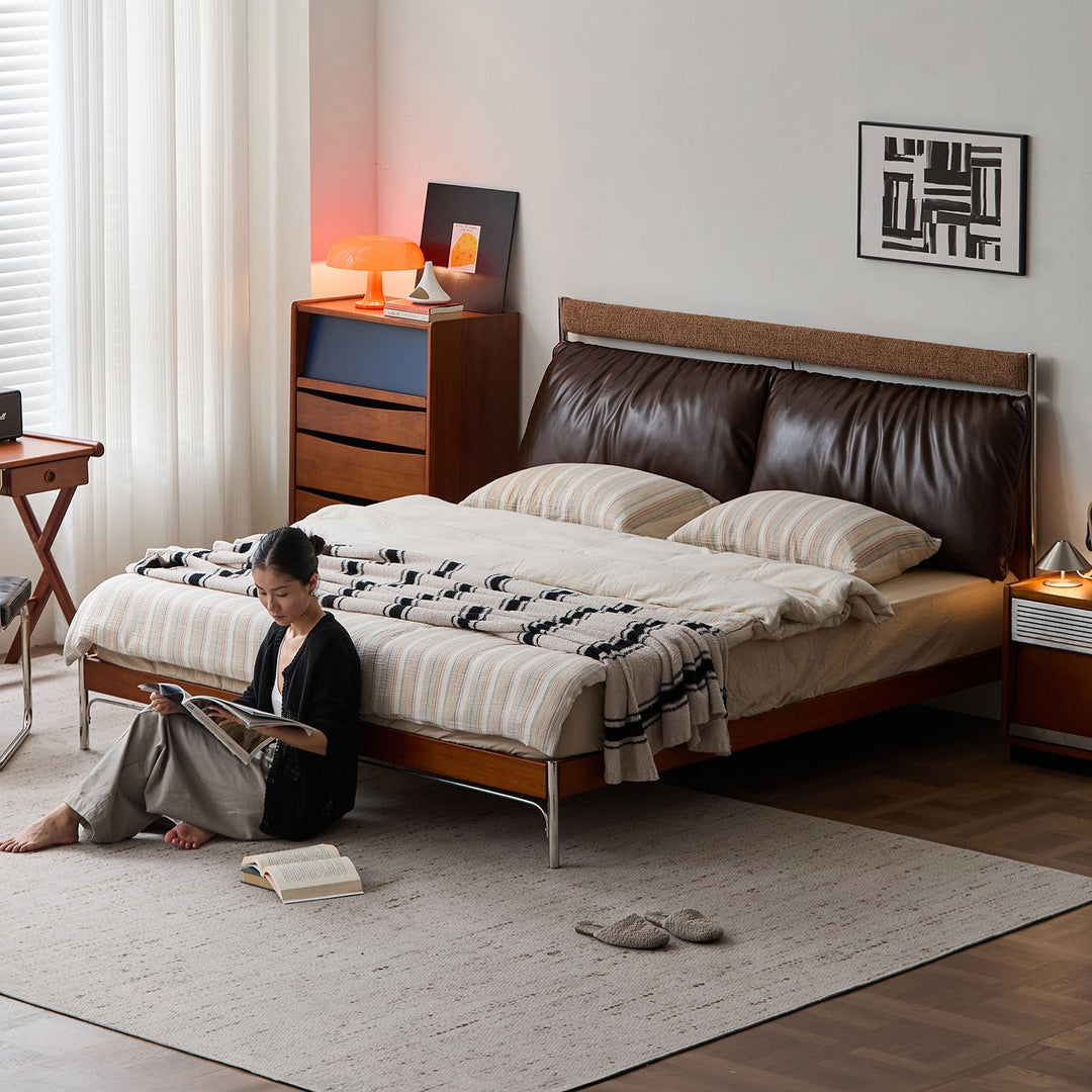 Bauhaus genuine leather bed supple brown material variants.
