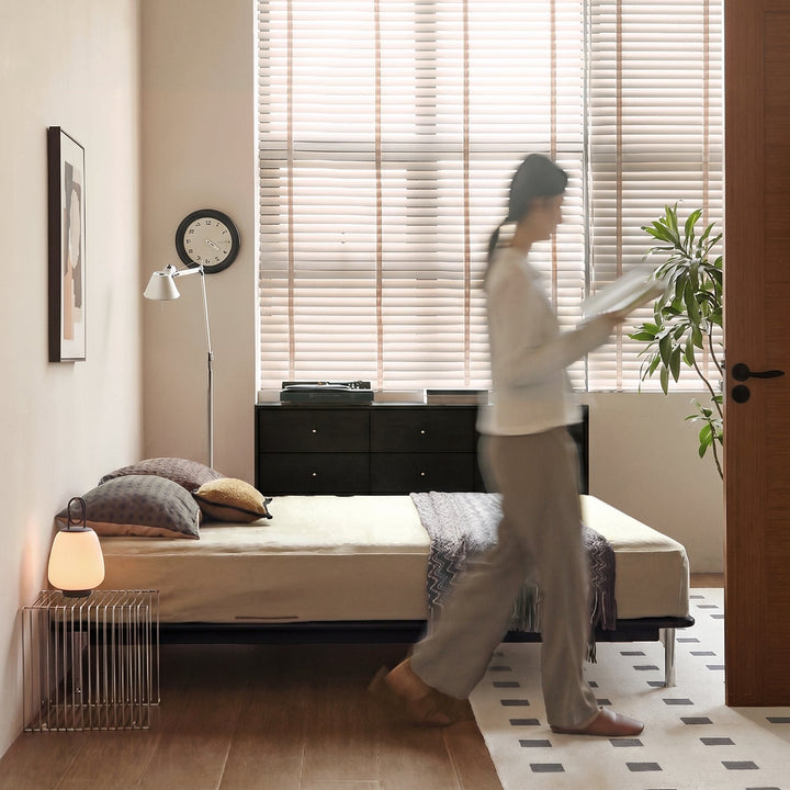 Bauhaus rubber wood platform bed americano color swatches.