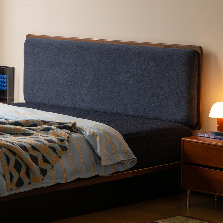 Bauhaus walnut wood storage bed film in panoramic view.