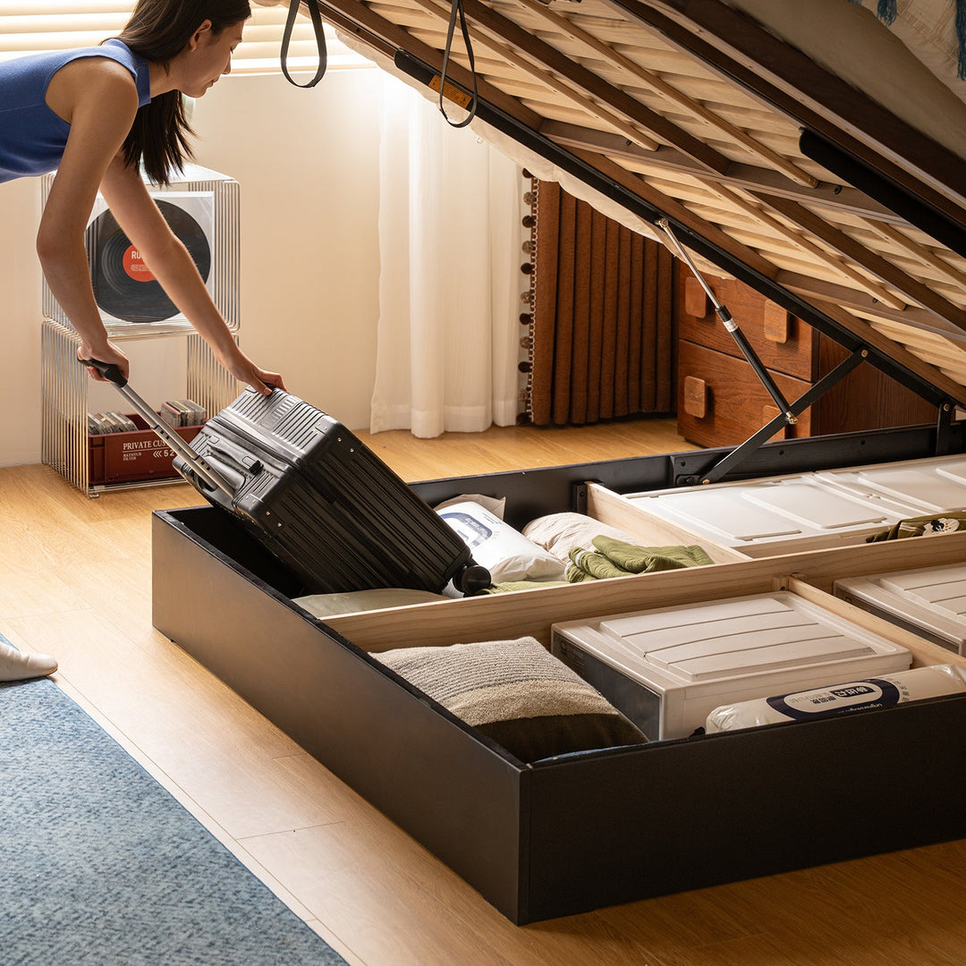 Bauhaus walnut wood storage bed film in still life.