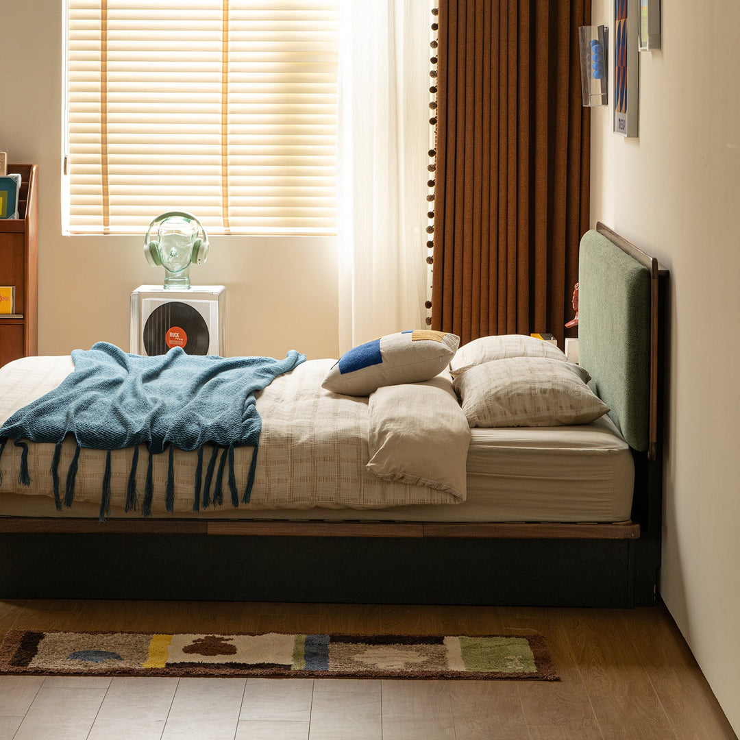 Bauhaus walnut wood storage bed film in real life style.