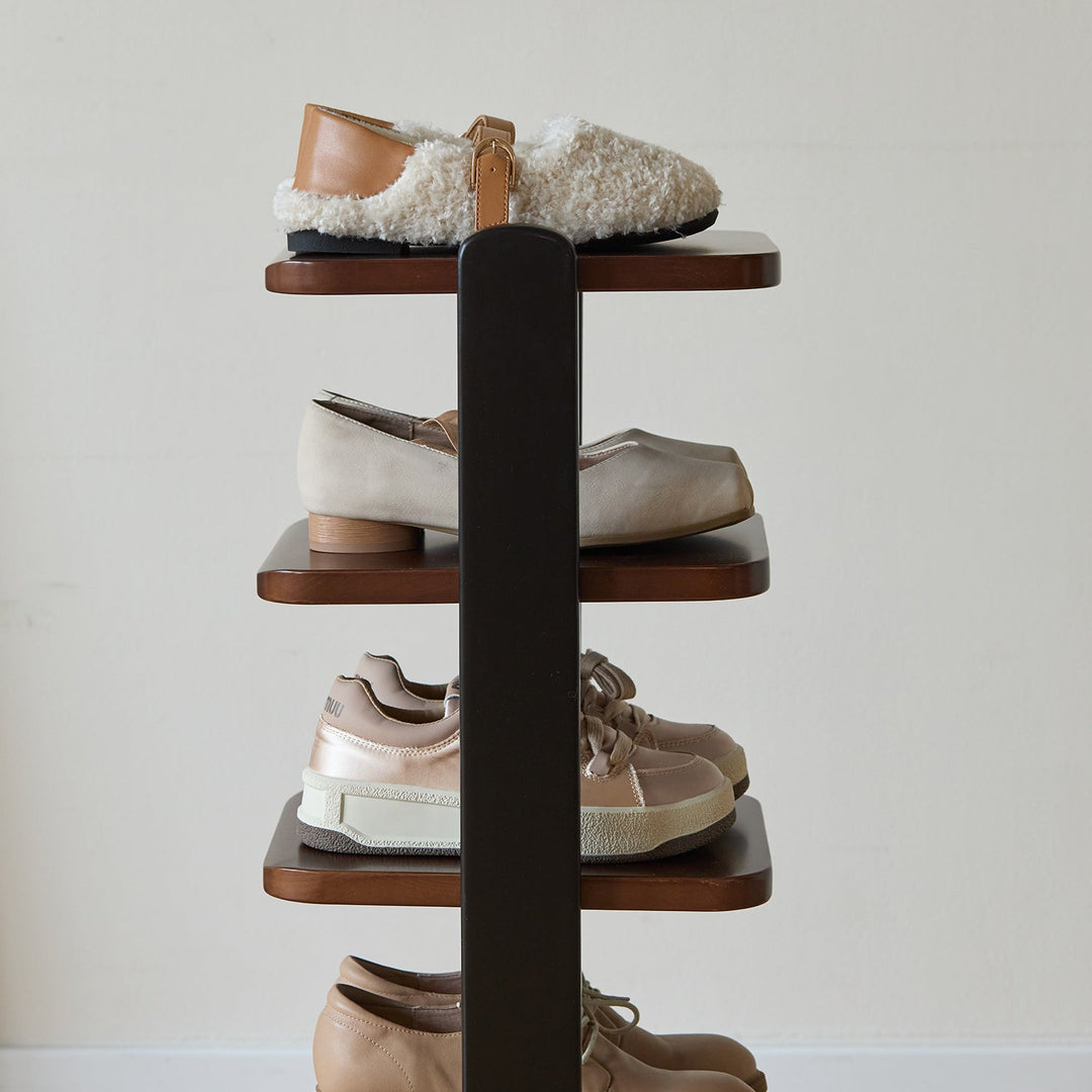 Bauhaus wood shoe shelf flow in close up details.