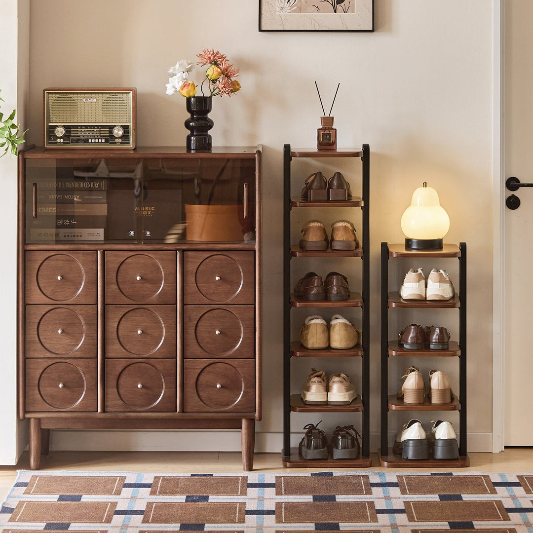 Bauhaus wood shoe shelf flow in panoramic view.