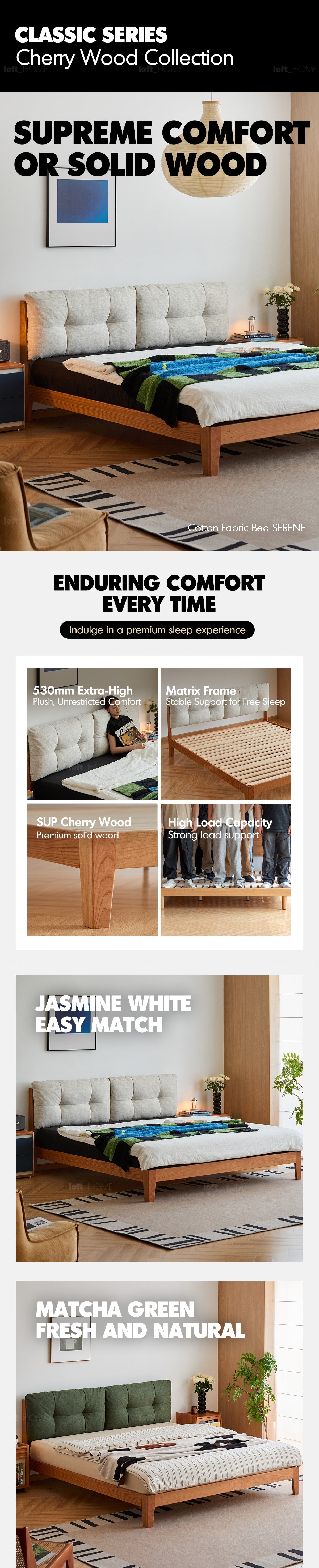 Scandinavian Cherry Wood Cotton Fabric Bed SERENE More Details and Instruction