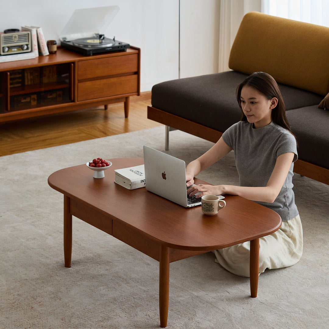 Vintage boxwood coffee table vista in panoramic view.