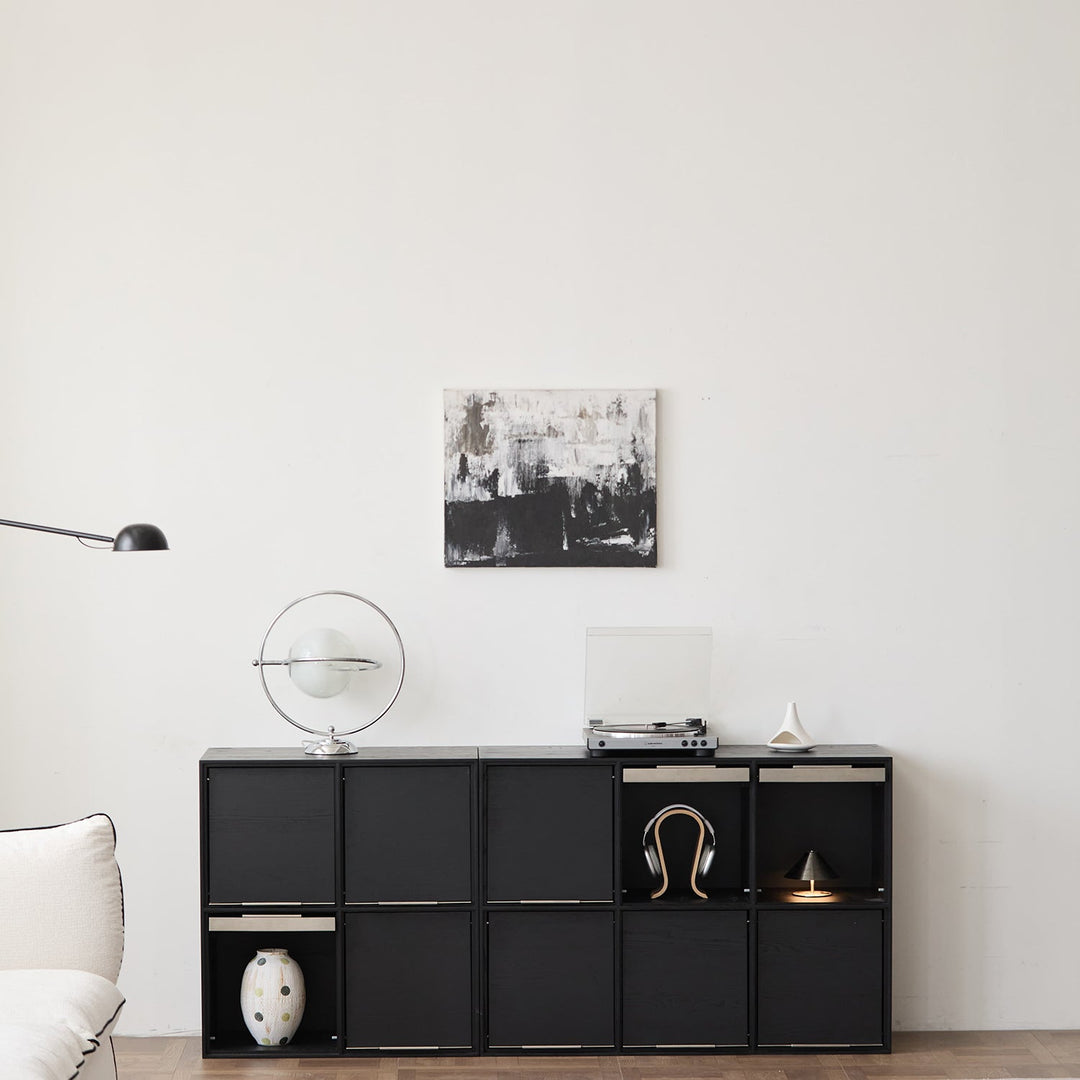 Minimalist ash wood veneer modular box cabinet grid in panoramic view.