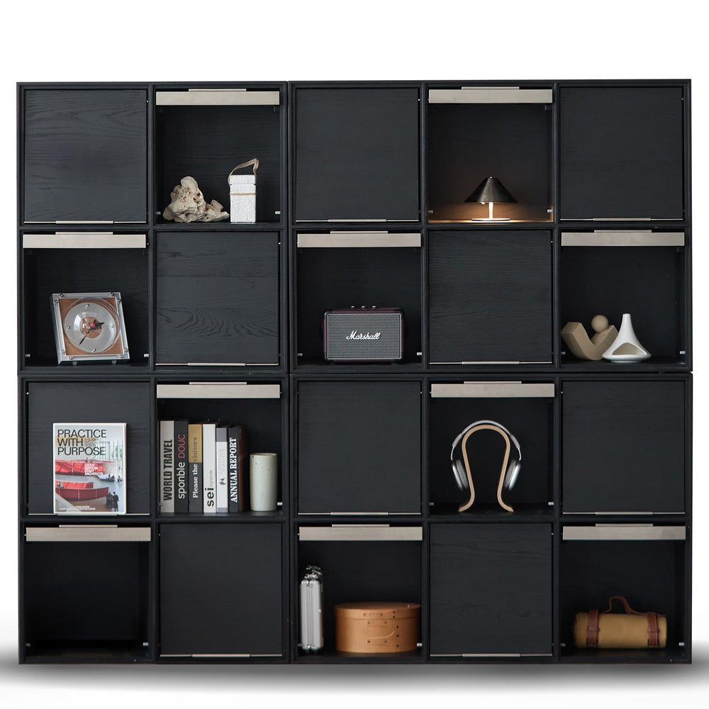 Minimalist ash wood veneer modular box cabinet grid in white background.
