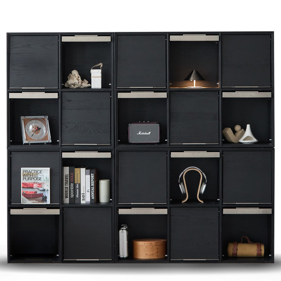 Minimalist ash wood veneer modular box cabinet grid in white background.
