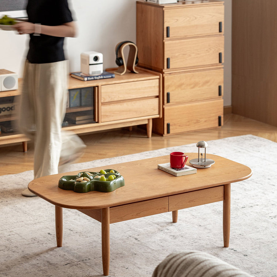 Scandinavian cherry wood coffee table vista primary product view.