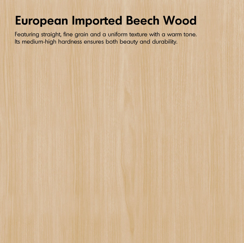 Close-up of European imported beech wood with text describing its characteristics.
