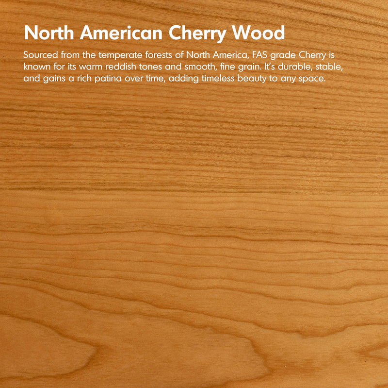 Close-up of North American Cherry Wood with descriptive text overlay.