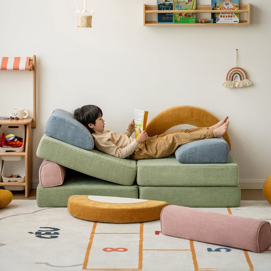 Contemporary chenille velvet fabric kids modular sofa block primary product view.