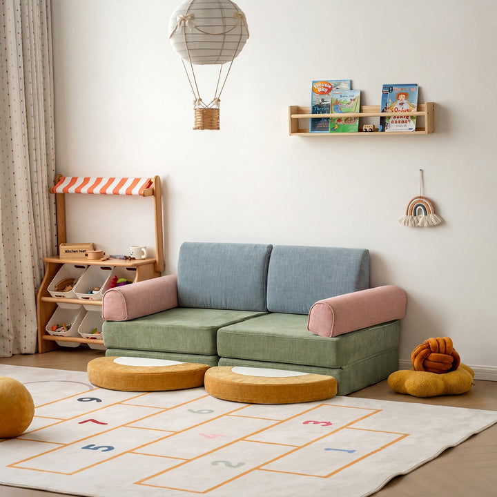 Contemporary chenille velvet fabric kids modular sofa block in still life.
