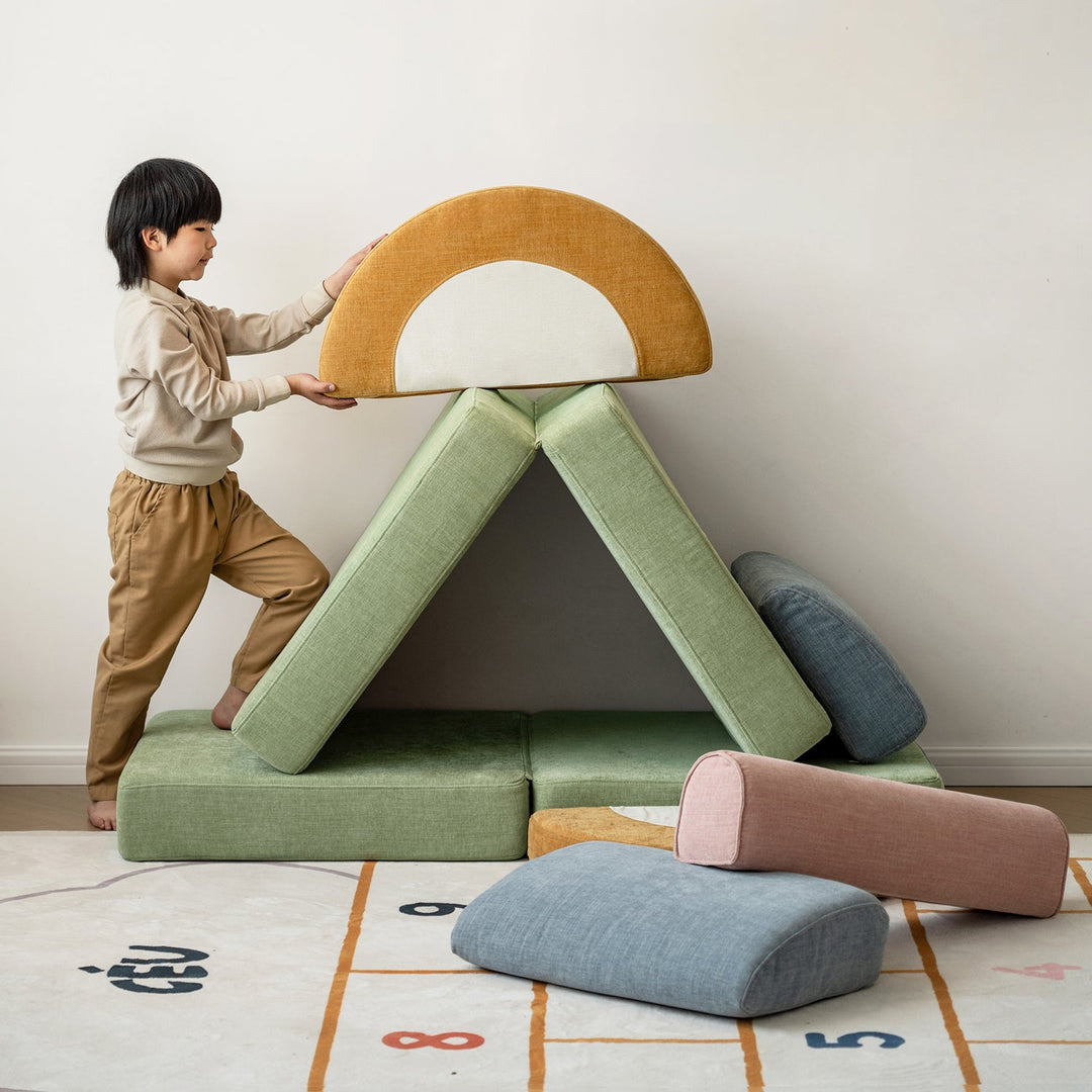 Contemporary chenille velvet fabric kids modular sofa block with context.