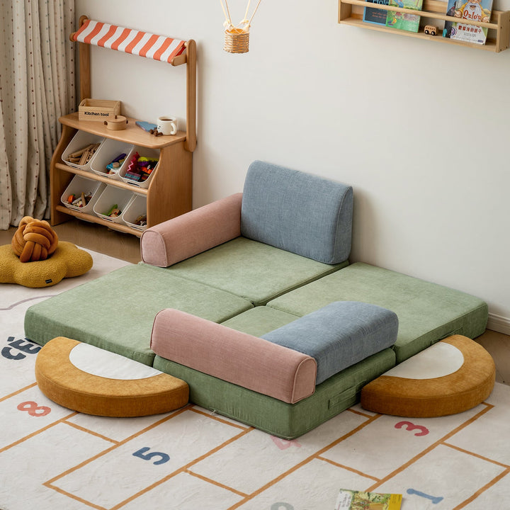 Contemporary chenille velvet fabric kids modular sofa block in panoramic view.